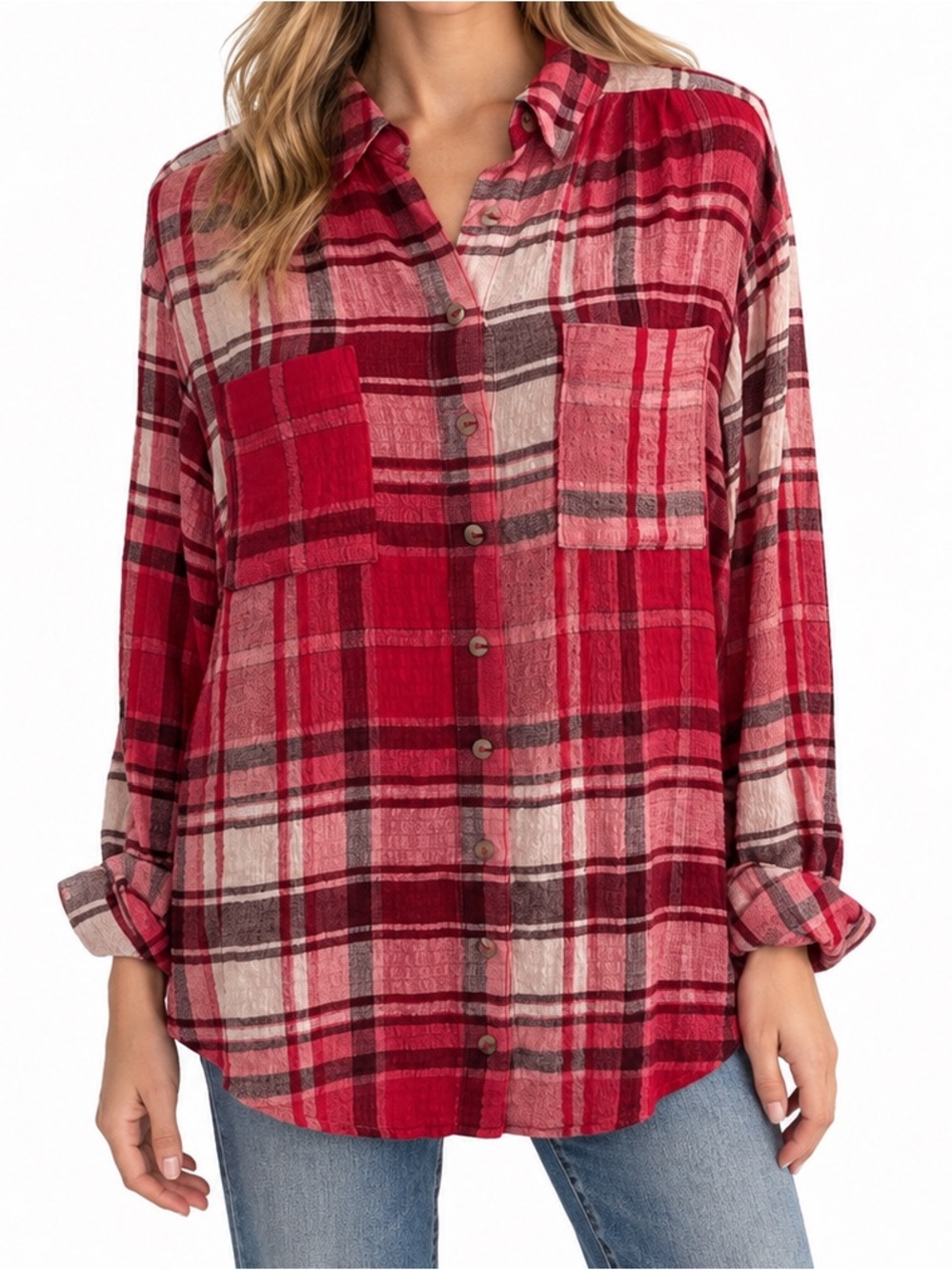 Anthropologie Pilcro The Hadley Relaxed Button Down Shirt Red Plaid Size Small